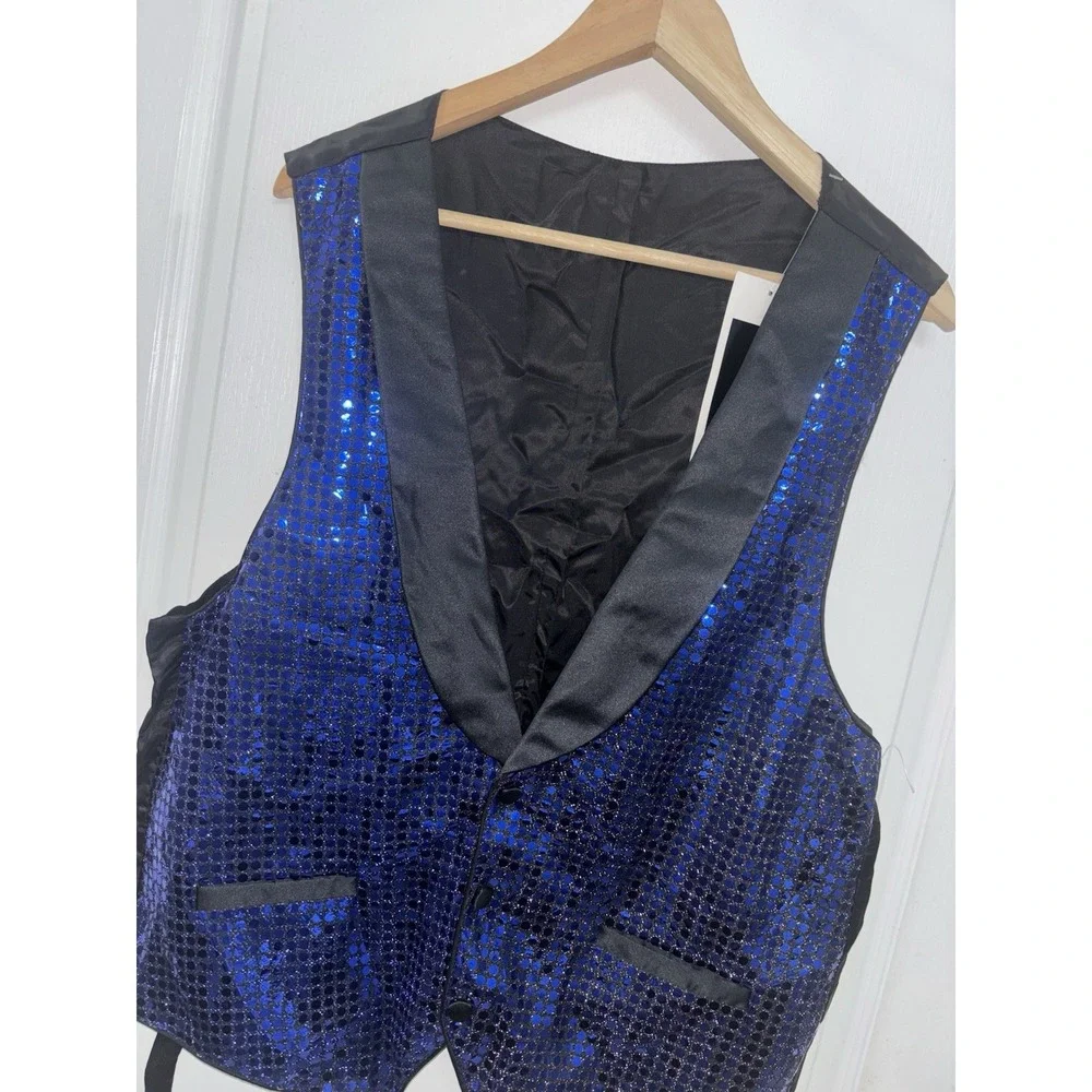 VTG NWT Simco Formalwear 42L Long Royal Blue Sequin Tuxedo Vest Shawl Lapel Prom